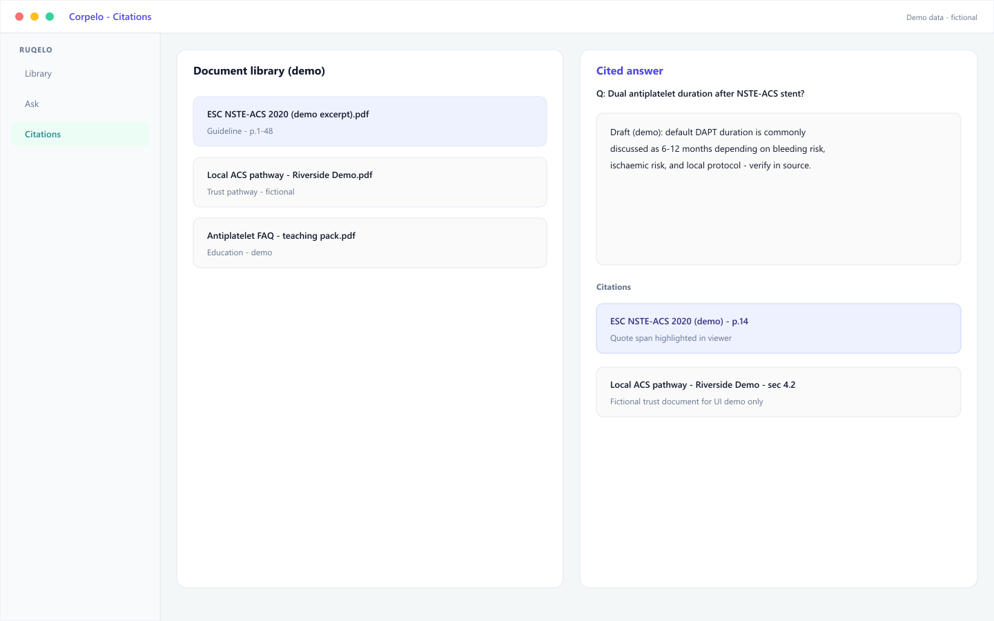 Demo Corpelo citations view with fictional guideline PDFs and page-linked answer spans