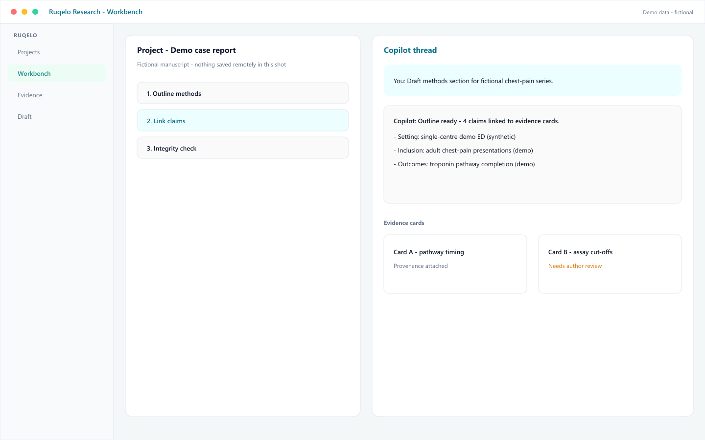 Demo Ruqelo Research workbench with fictional case-report project, copilot thread, and evidence cards
